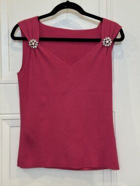 Pink Rhinestone Flower Shoulder Sleeveless Top EUC